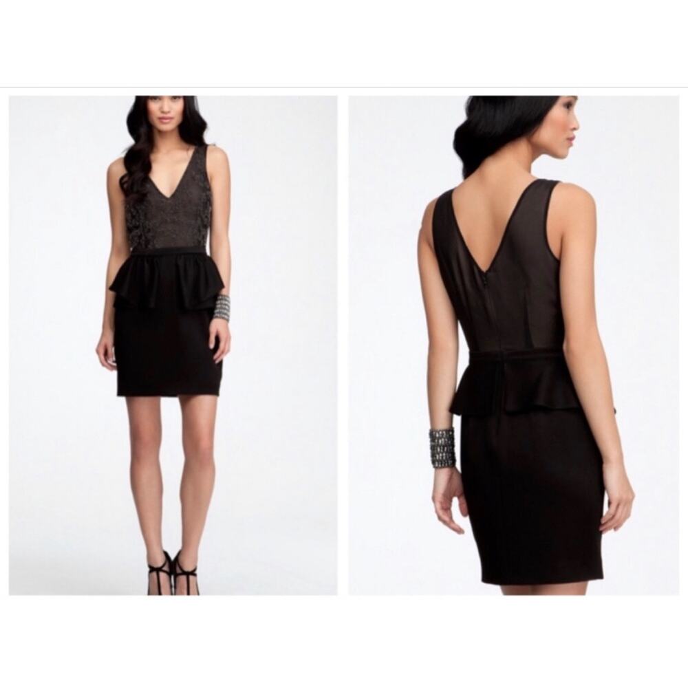 Bebe Peplum Beaded Black Silk Sleeveless V-Neck Dress Cocktail Evening Party XS